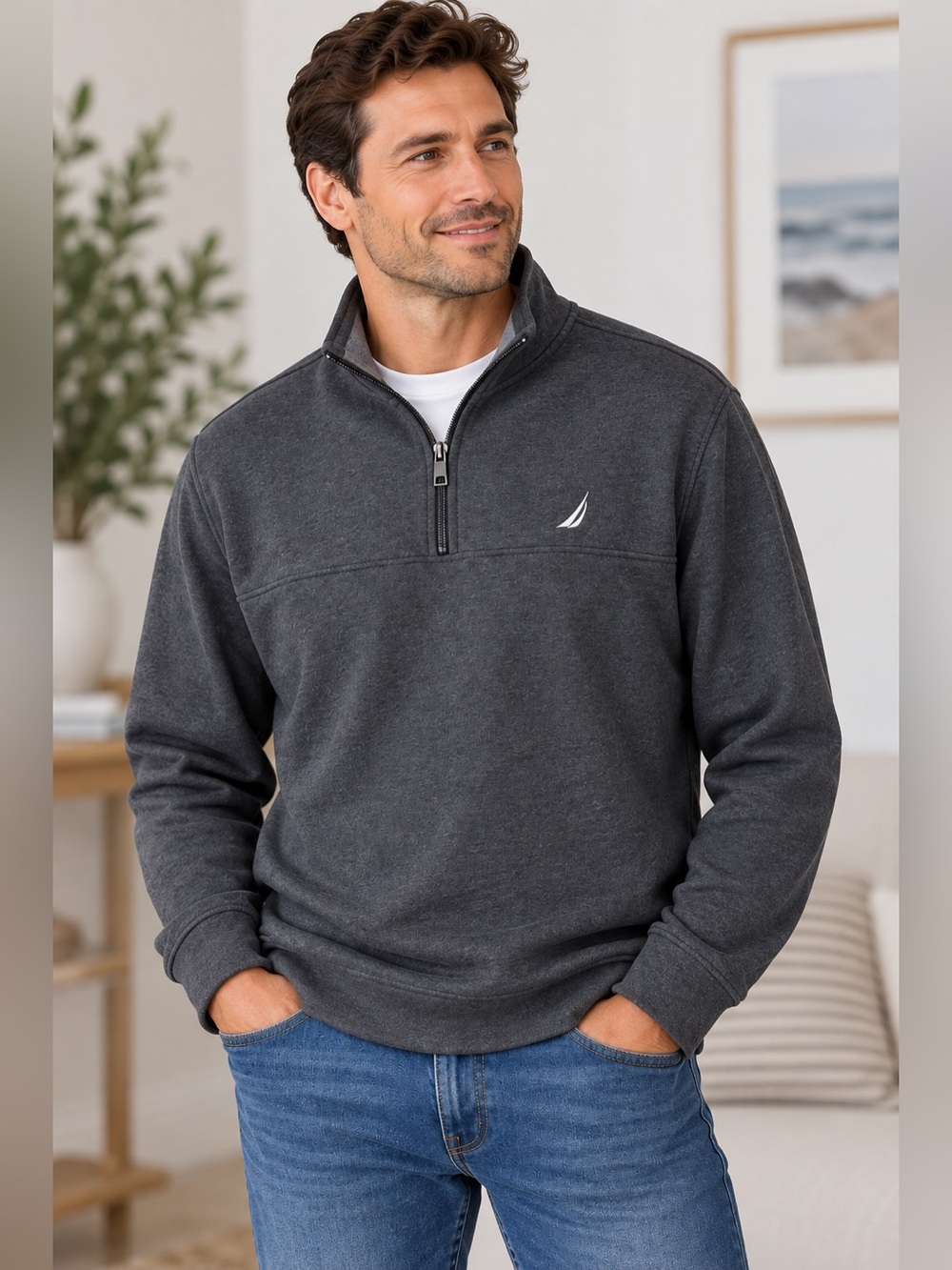 Nautica Gray Quarter-Zip Pullover Sweatshirt XL Mens
